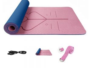 TPE Yoga Mat with Alignment Lines with Carry Rope and Stretch Strap